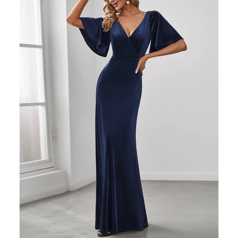 Whimsigoth Celestial Romantic Navy Velvet Maxi Dress Flutter Sleeve V-Neck Gown